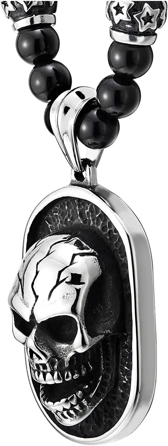 COOLSTEELANDBEYOND Gothic Style Skull Pendant Necklace for Men Black Onyx Beads Chain Stainless Steel Blackened Dog Tag