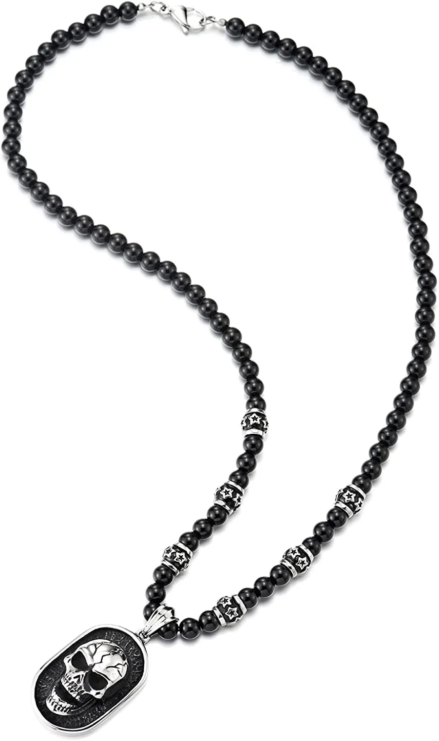 COOLSTEELANDBEYOND Gothic Style Skull Pendant Necklace for Men Black Onyx Beads Chain Stainless Steel Blackened Dog Tag