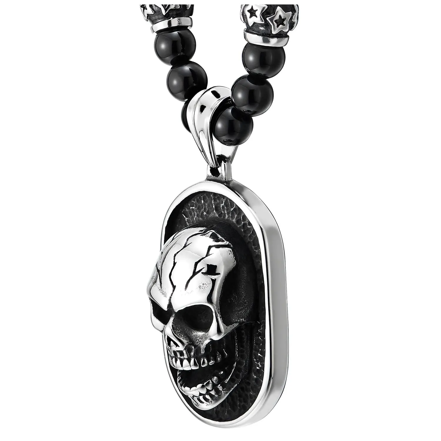 COOLSTEELANDBEYOND Gothic Style Skull Pendant Necklace for Men Black Onyx Beads Chain Stainless Steel Blackened Dog Tag