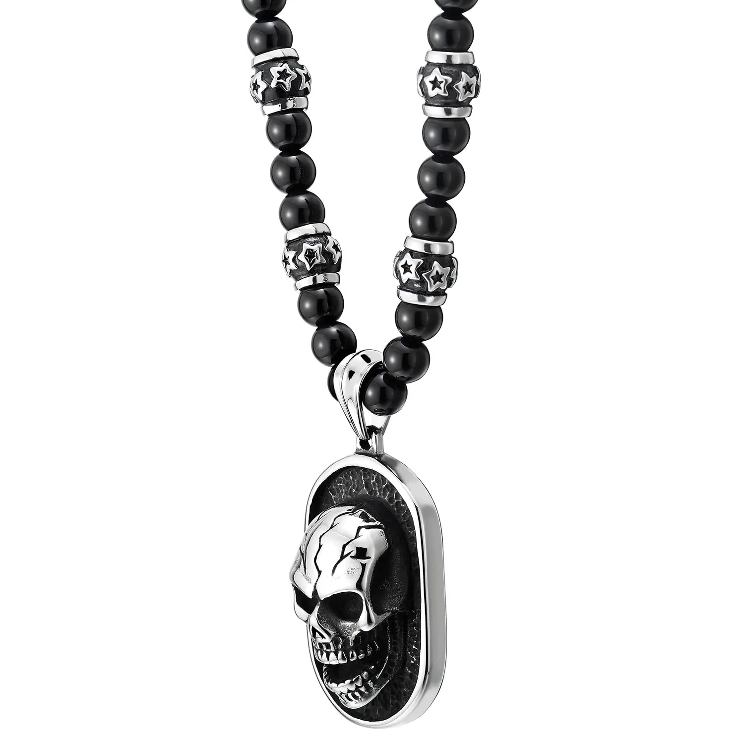 COOLSTEELANDBEYOND Gothic Style Skull Pendant Necklace for Men Black Onyx Beads Chain Stainless Steel Blackened Dog Tag