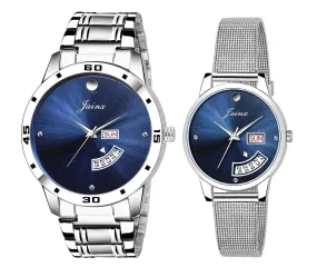 Couple's Blue Dial Day & Date Function Stainless Steel Chain Analog Watch - JC479