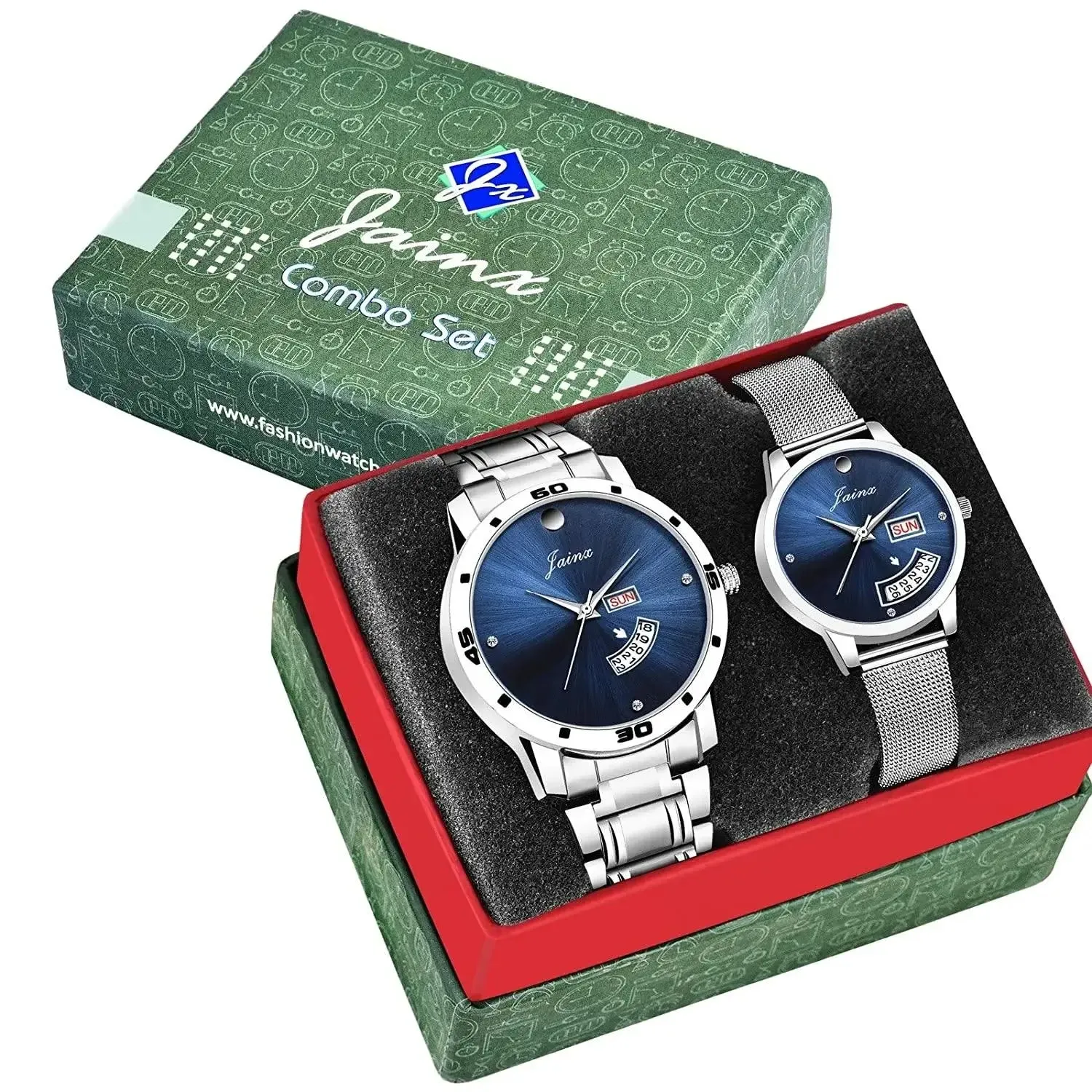 Couple's Blue Dial Day & Date Function Stainless Steel Chain Analog Watch - JC479