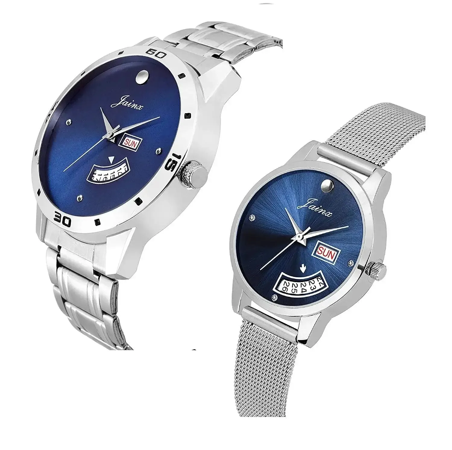Couple's Blue Dial Day & Date Function Stainless Steel Chain Analog Watch - JC479