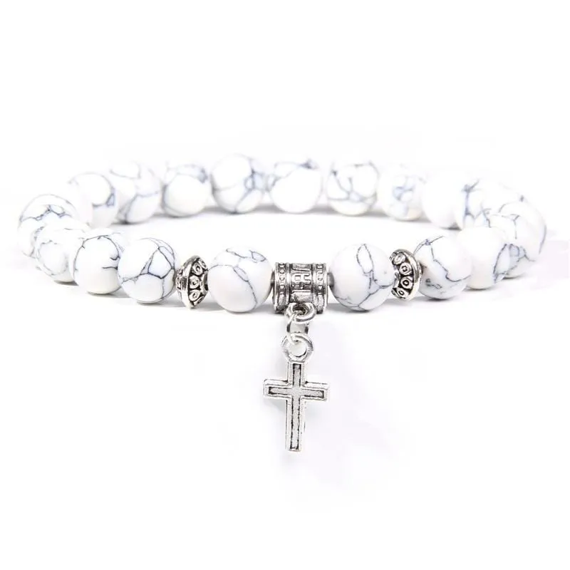 Cross Bead Bracelet <br> Charm White Stone