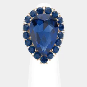 Crystal Navy Blue Teardrop Stretch Gold Cocktail Ring