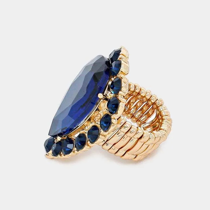 Crystal Navy Blue Teardrop Stretch Gold Cocktail Ring