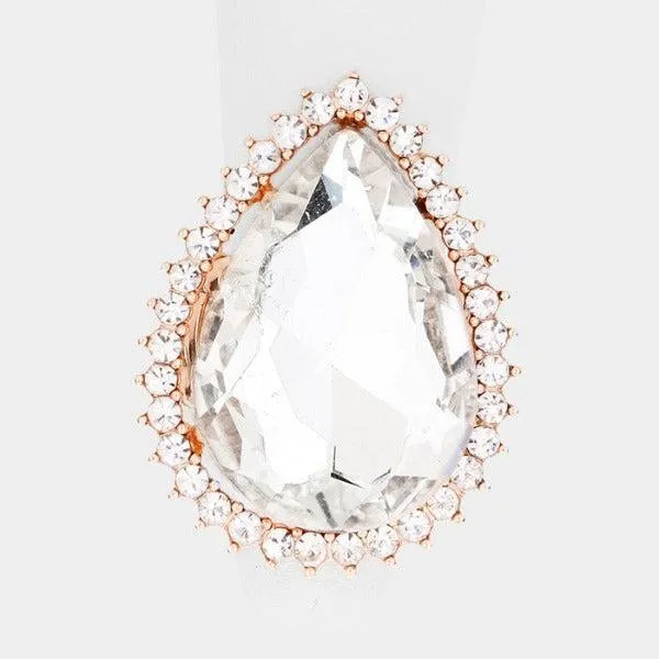 Crystal Pave Trim Teardrop Stretch Ring
