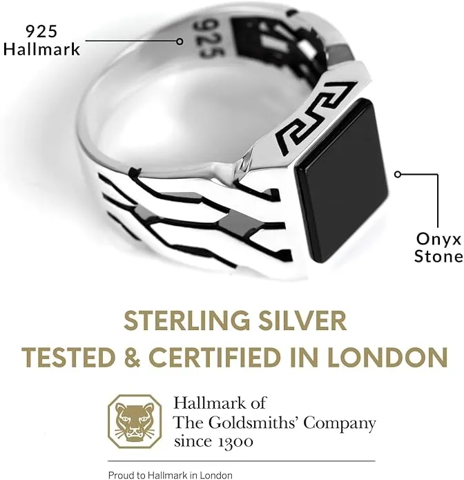 Cuban Link Pattern Sterling Silver Ring for Men Onyx Stone
