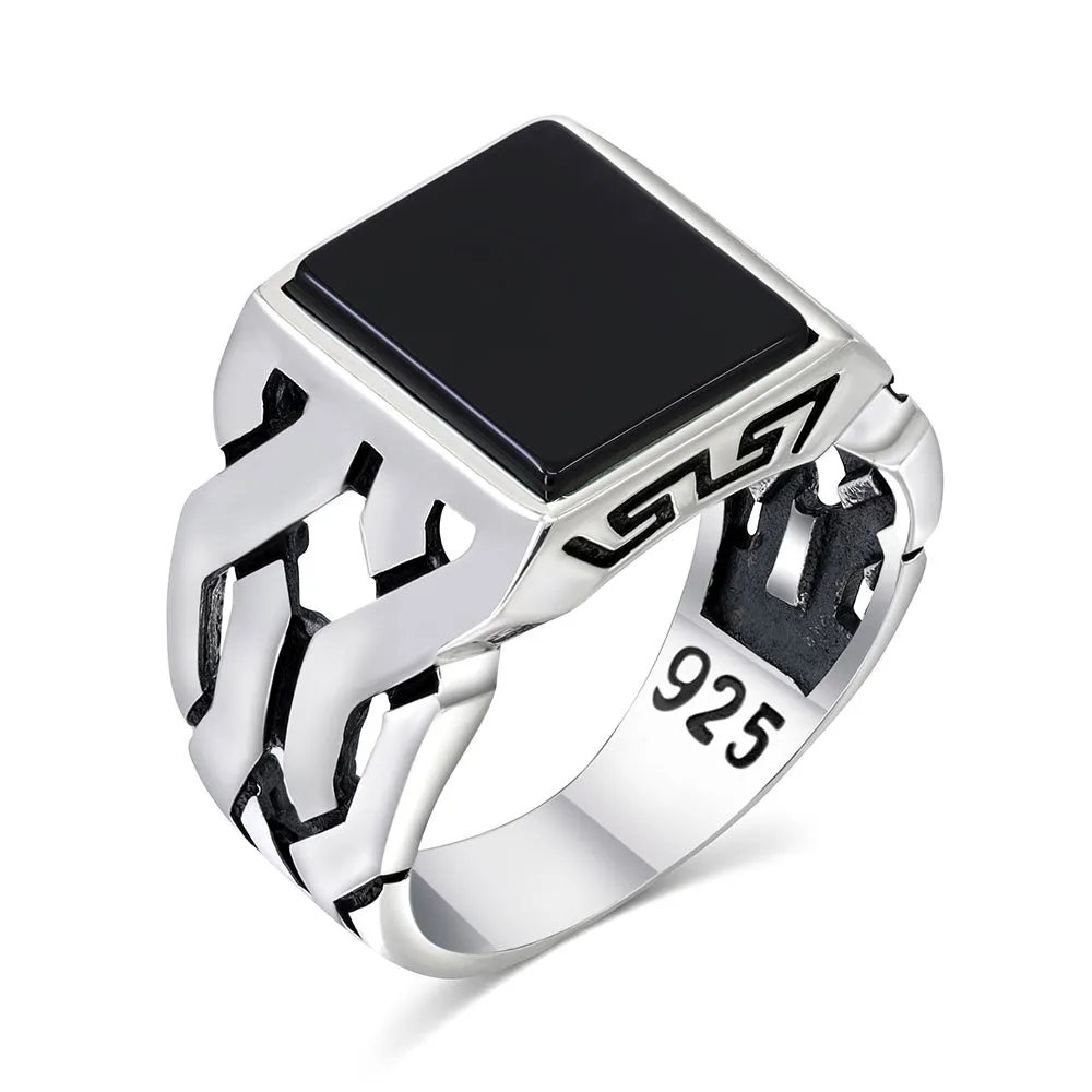 Cuban Link Pattern Sterling Silver Ring for Men Onyx Stone