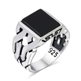 Cuban Link Pattern Sterling Silver Ring for Men Onyx Stone