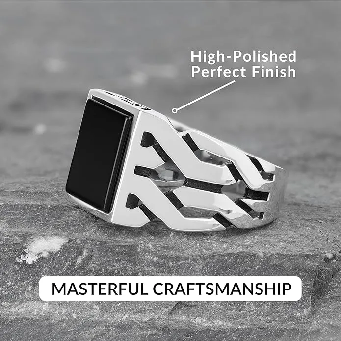 Cuban Link Pattern Sterling Silver Ring for Men Onyx Stone