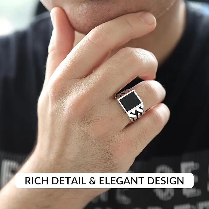 Cuban Link Pattern Sterling Silver Ring for Men Onyx Stone