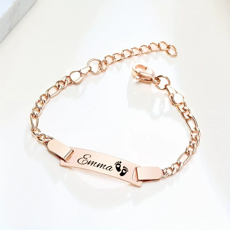 Customizable Stainless Steel Footprint ID Bracelet - Delicate Punk Style Chain with Personalized Nameplate and Engraved Footprint Design - Unique Gift for Loved Ones