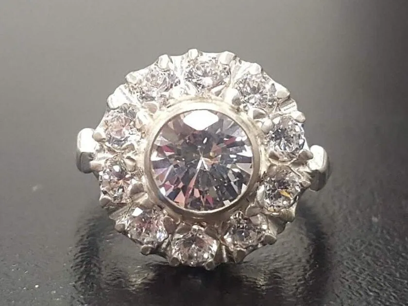 Diamond Flower Ring - Victorian Silver Ring - Diamond Halo Ring