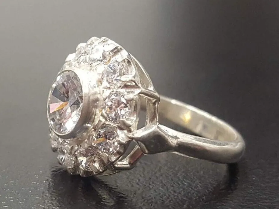 Diamond Flower Ring - Victorian Silver Ring - Diamond Halo Ring