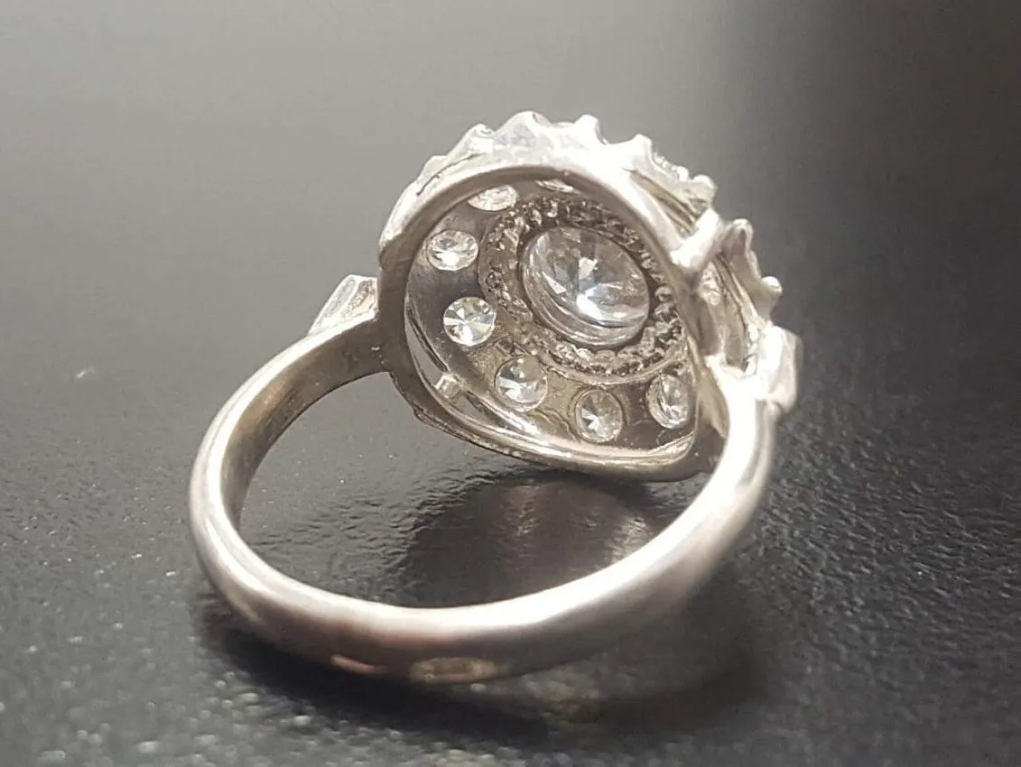 Diamond Flower Ring - Victorian Silver Ring - Diamond Halo Ring