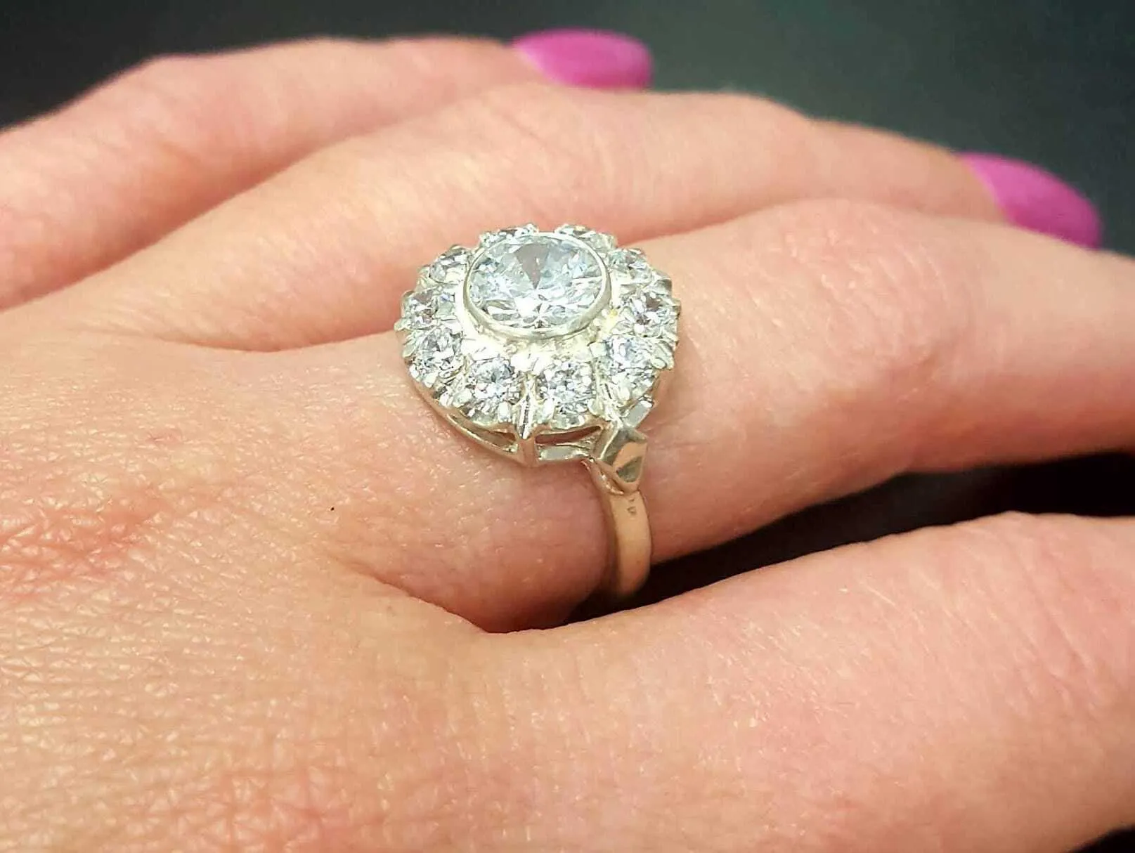 Diamond Flower Ring - Victorian Silver Ring - Diamond Halo Ring