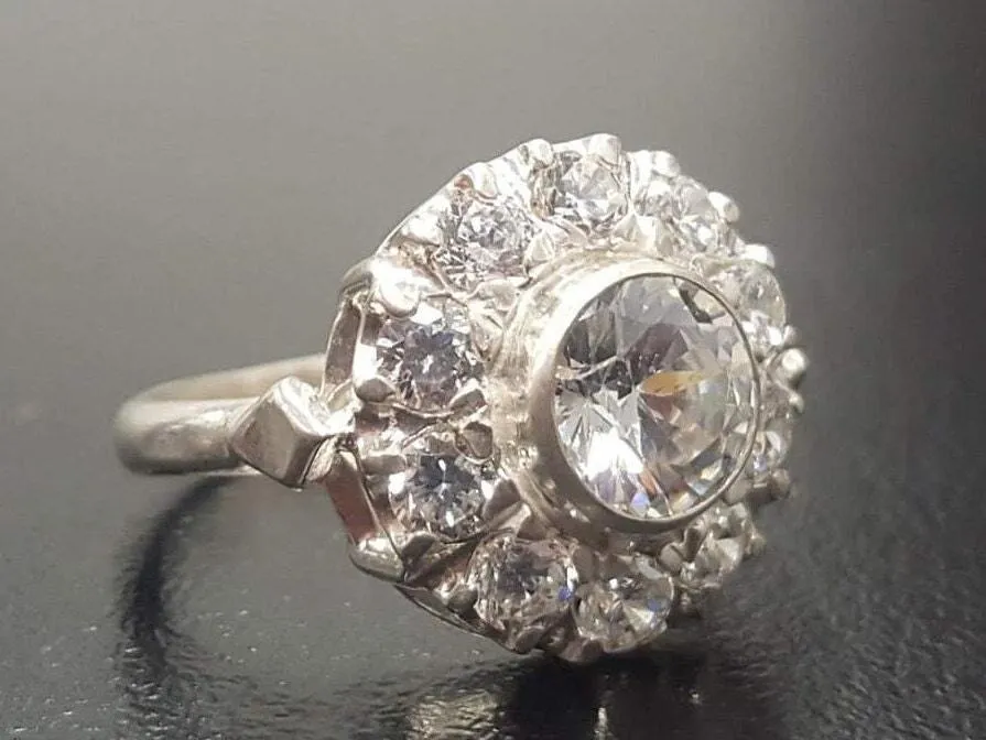 Diamond Flower Ring - Victorian Silver Ring - Diamond Halo Ring