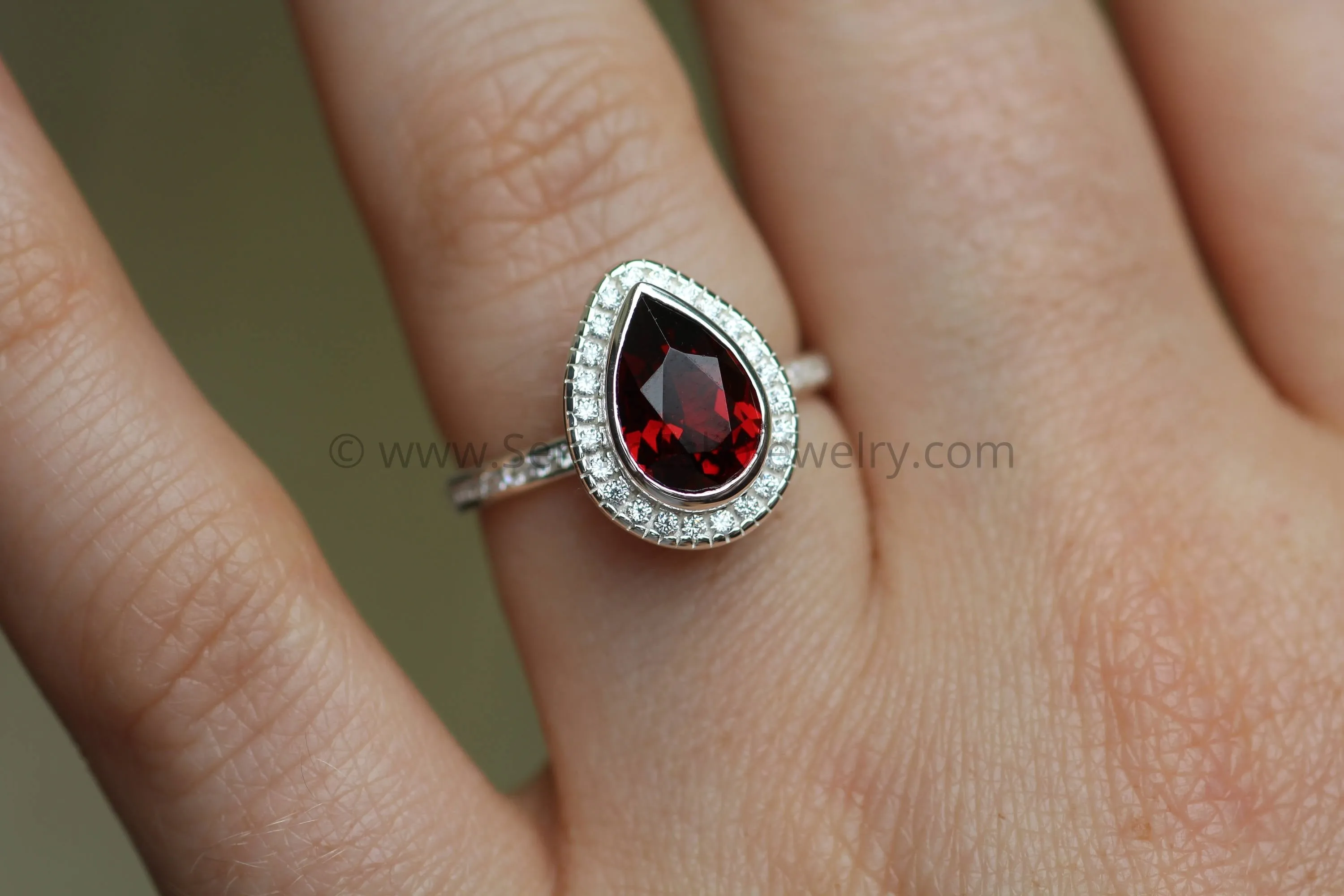 Diamond Halo Ring with Channel Set Band - Depcited with a Pear Cut Garnet (Setting Only, Center Stone Sold Separately)