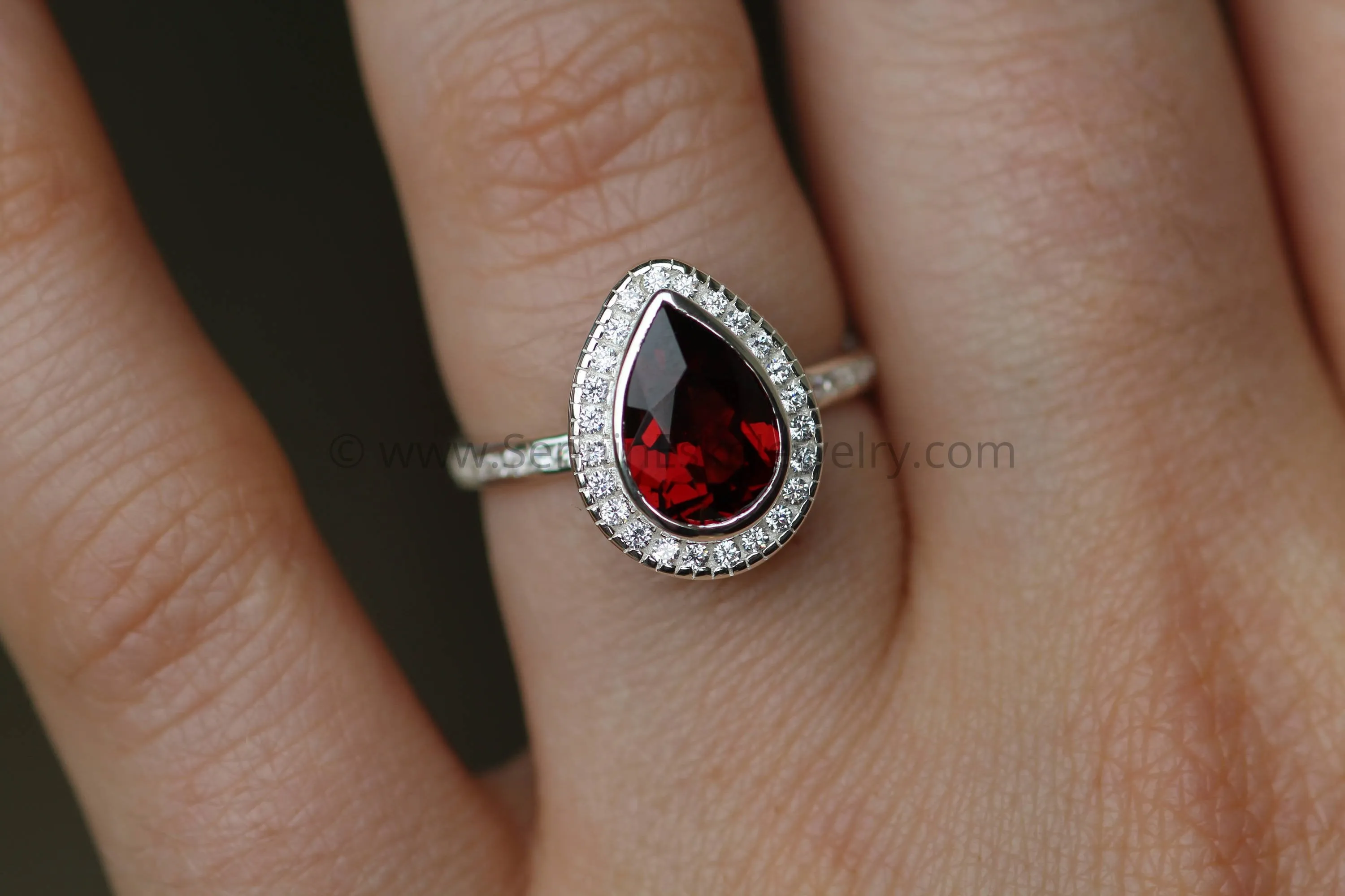 Diamond Halo Ring with Channel Set Band - Depcited with a Pear Cut Garnet (Setting Only, Center Stone Sold Separately)