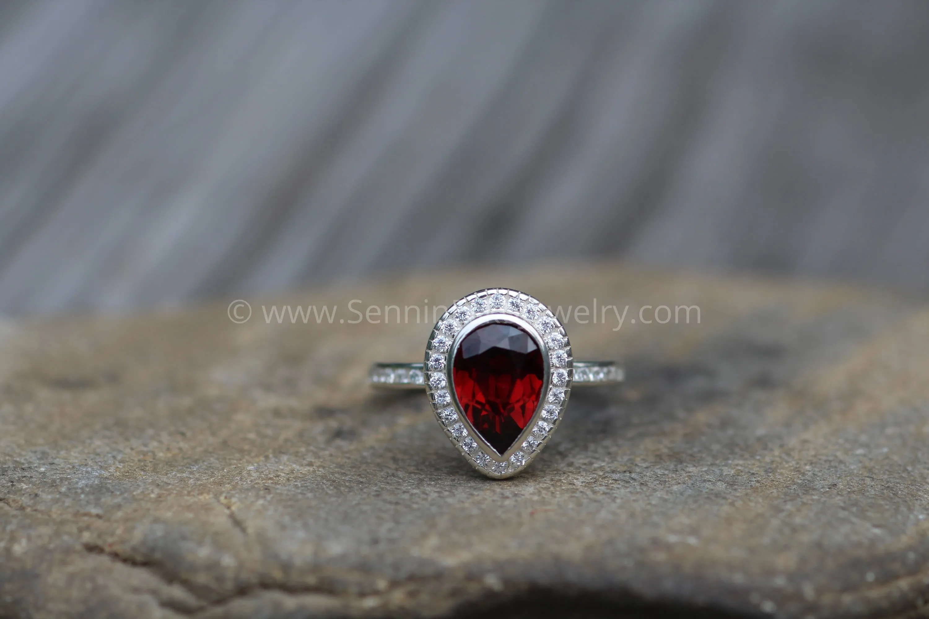 Diamond Halo Ring with Channel Set Band - Depcited with a Pear Cut Garnet (Setting Only, Center Stone Sold Separately)