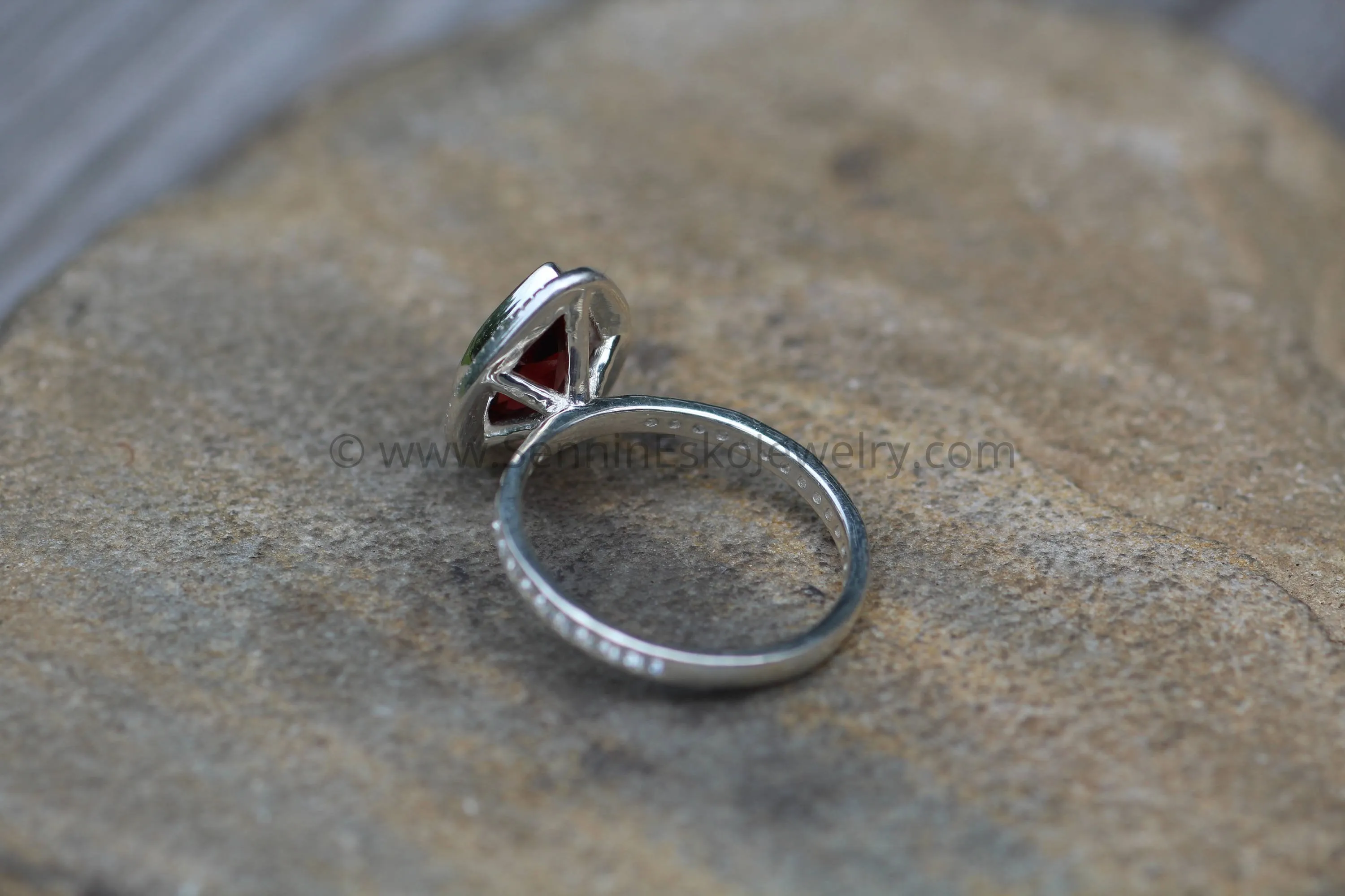 Diamond Halo Ring with Channel Set Band - Depcited with a Pear Cut Garnet (Setting Only, Center Stone Sold Separately)