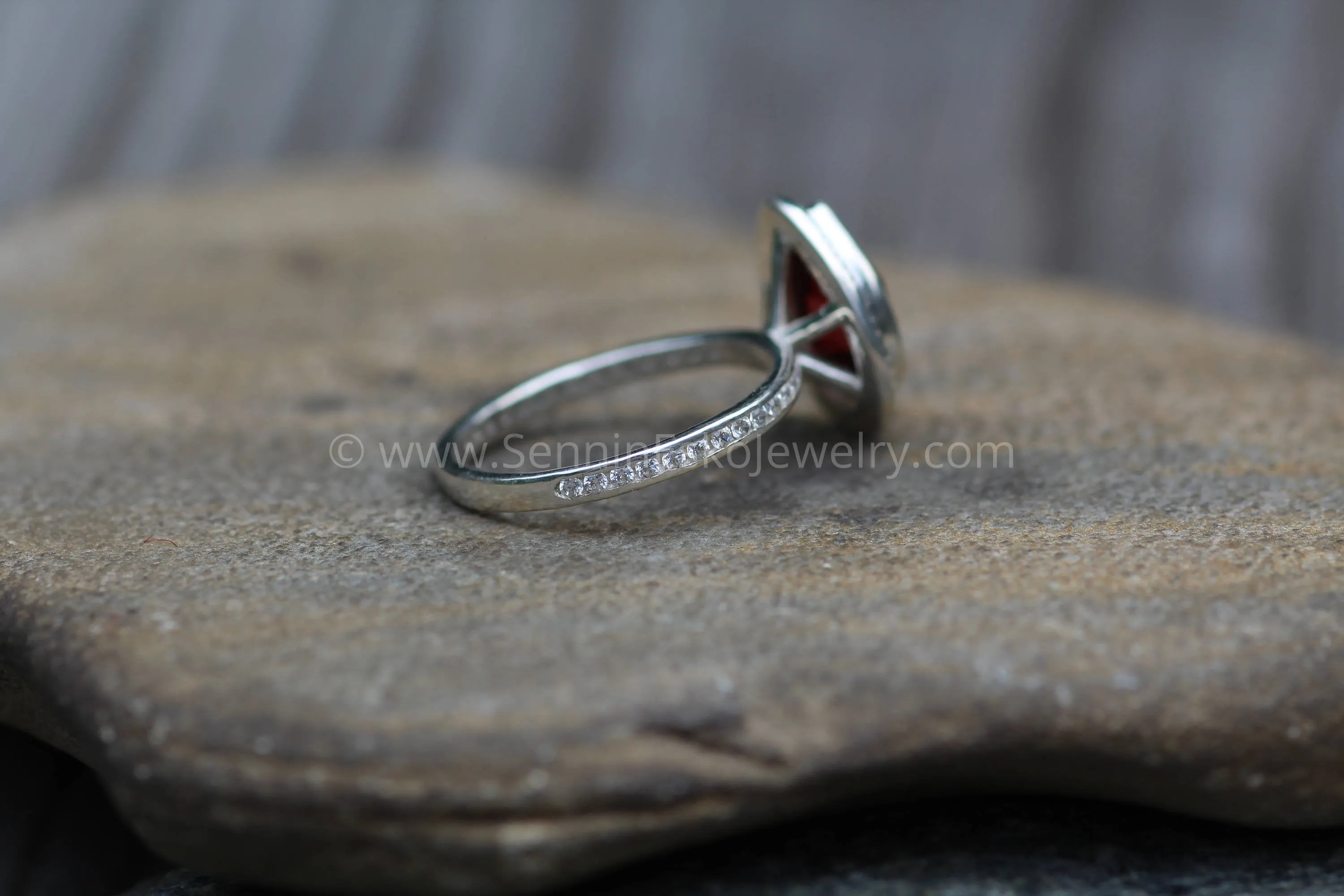 Diamond Halo Ring with Channel Set Band - Depcited with a Pear Cut Garnet (Setting Only, Center Stone Sold Separately)