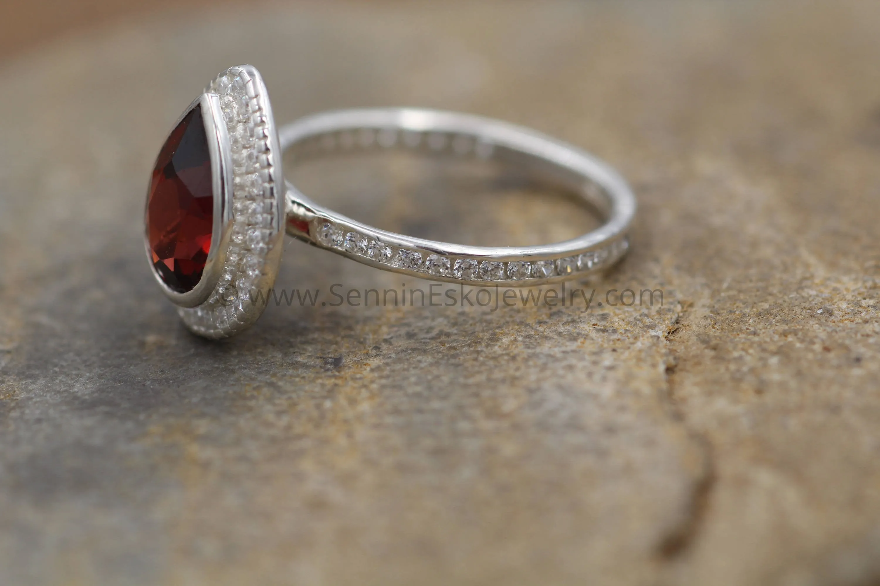 Diamond Halo Ring with Channel Set Band - Depcited with a Pear Cut Garnet (Setting Only, Center Stone Sold Separately)