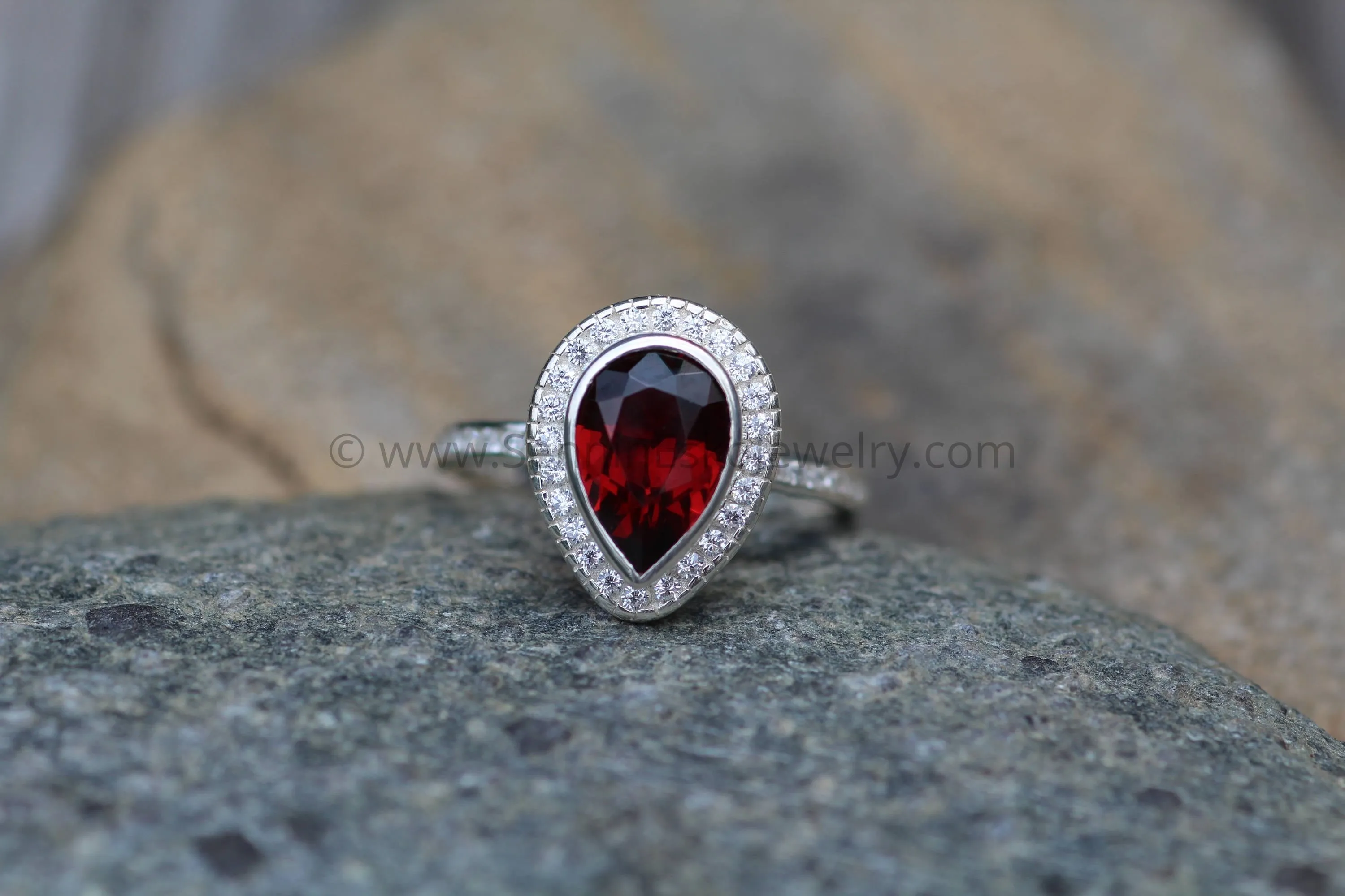 Diamond Halo Ring with Channel Set Band - Depcited with a Pear Cut Garnet (Setting Only, Center Stone Sold Separately)