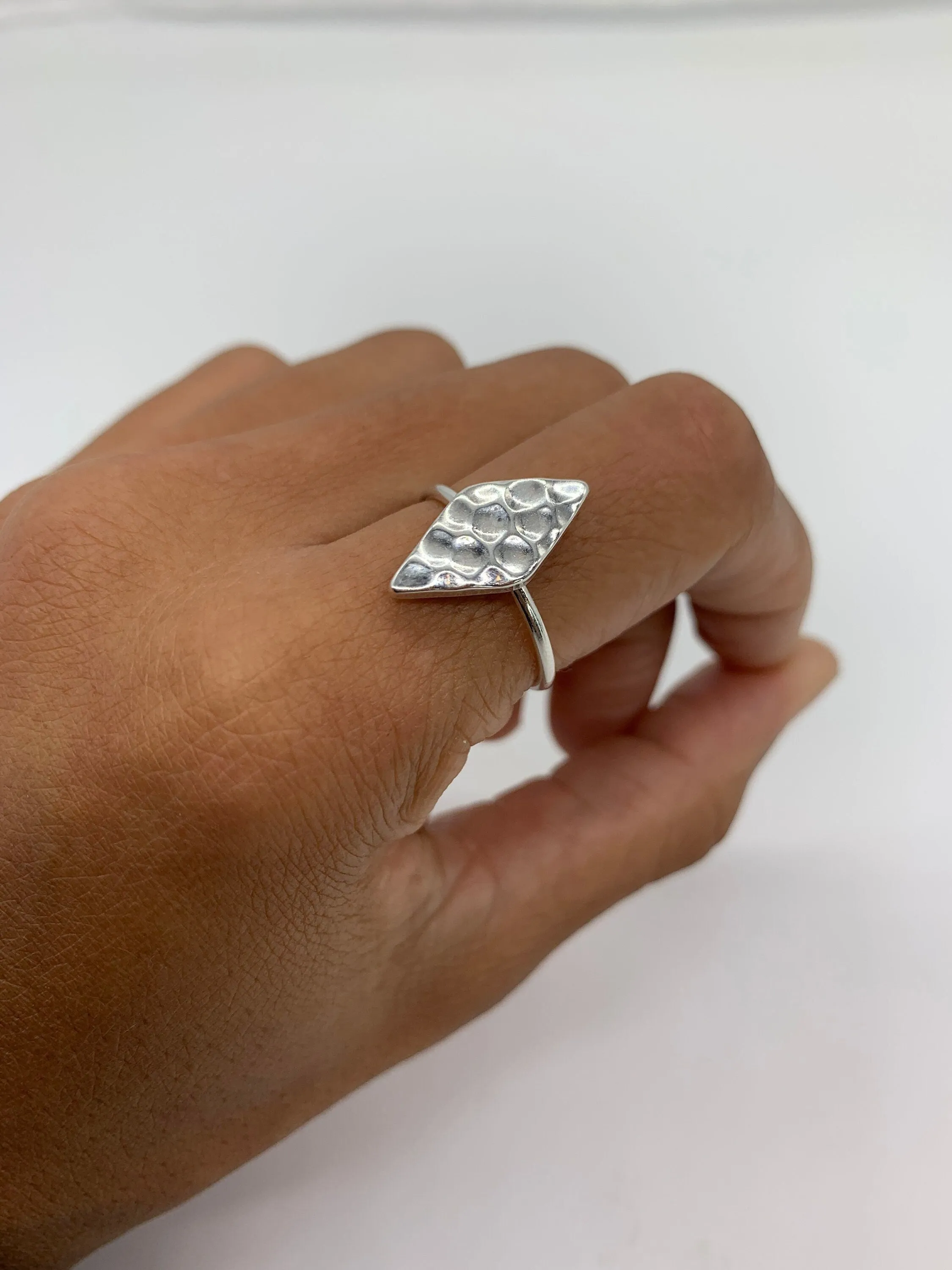 Diamond Shaped Ring - Silver Hammered Ring - Silver Diamond Ring