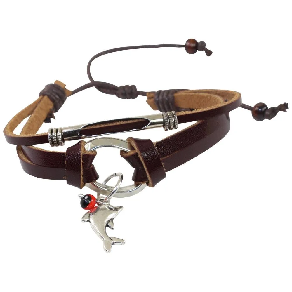Dolphin Charm Adjustable Leather Bracelet for Women w/Meaningful Good Luck Huayruro Seed