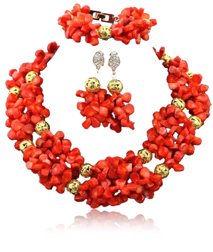 Elegant African Coral Bead Bridal Wedding Party Jewellery Set with Free Shipping