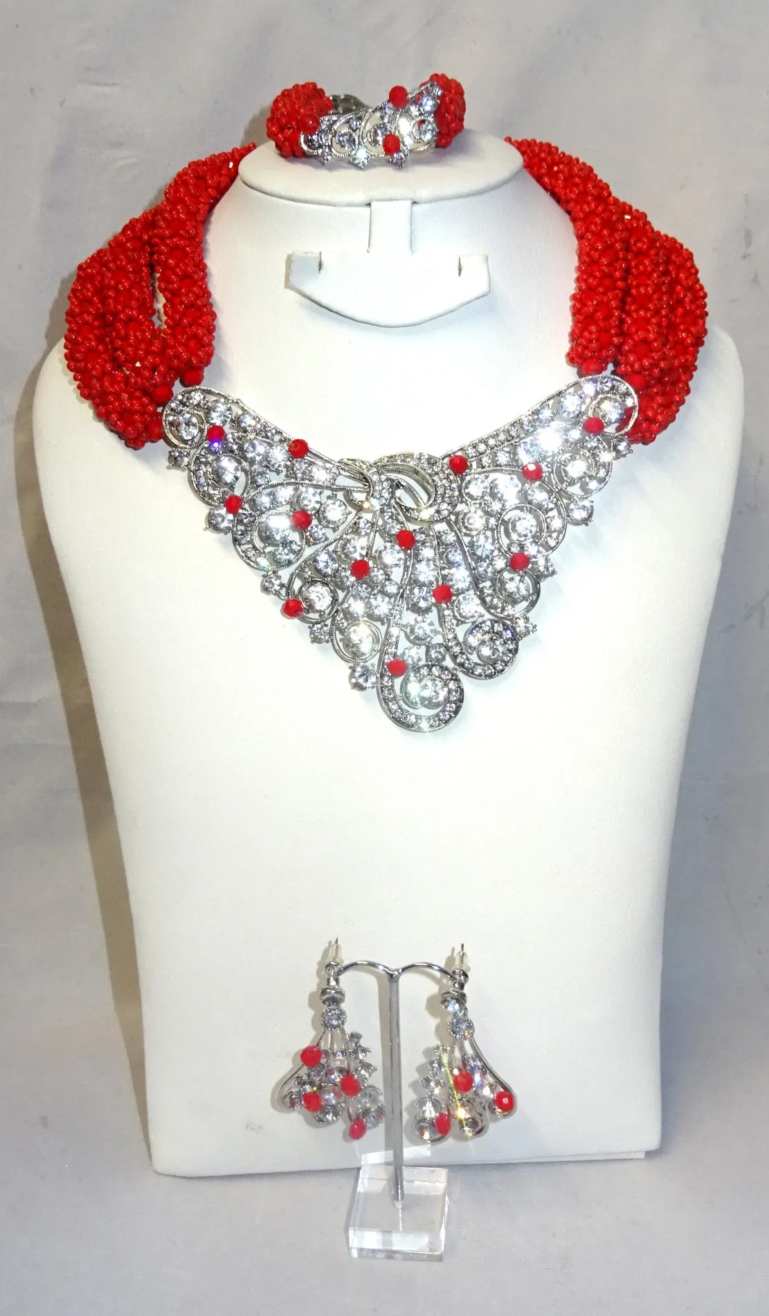 Elegant Red with Crystal Brooch Unique African Nigerian Party Wedding Bridal Jewellery Set