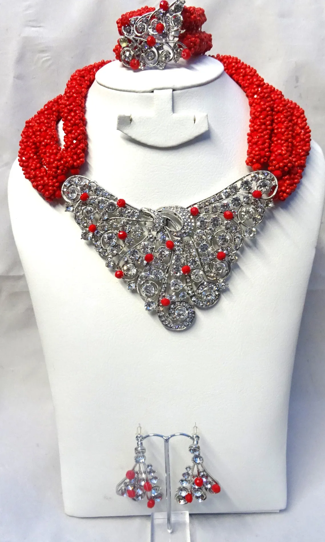 Elegant Red with Crystal Brooch Unique African Nigerian Party Wedding Bridal Jewellery Set