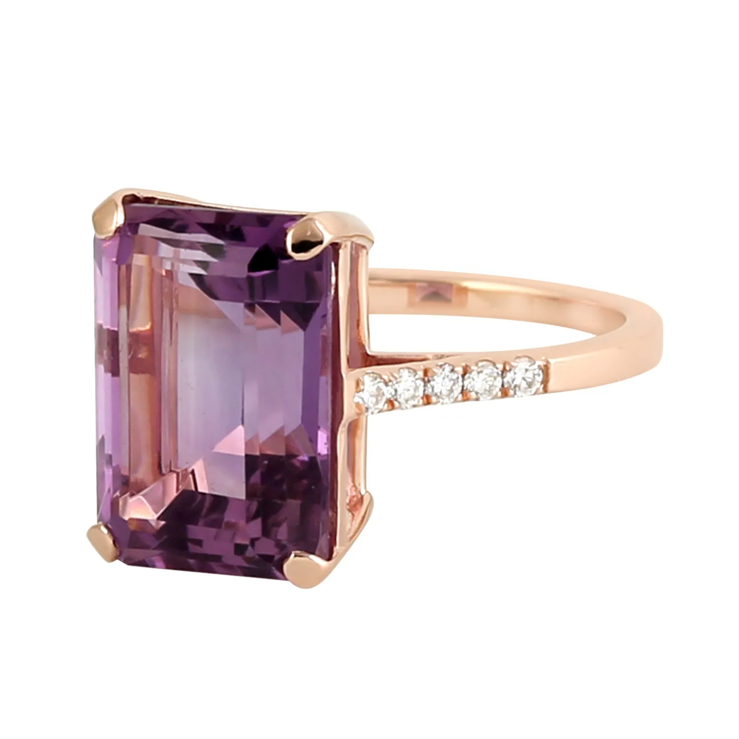 Emerald Cut Amethyst Diamond 18k Rose Gold For Gift