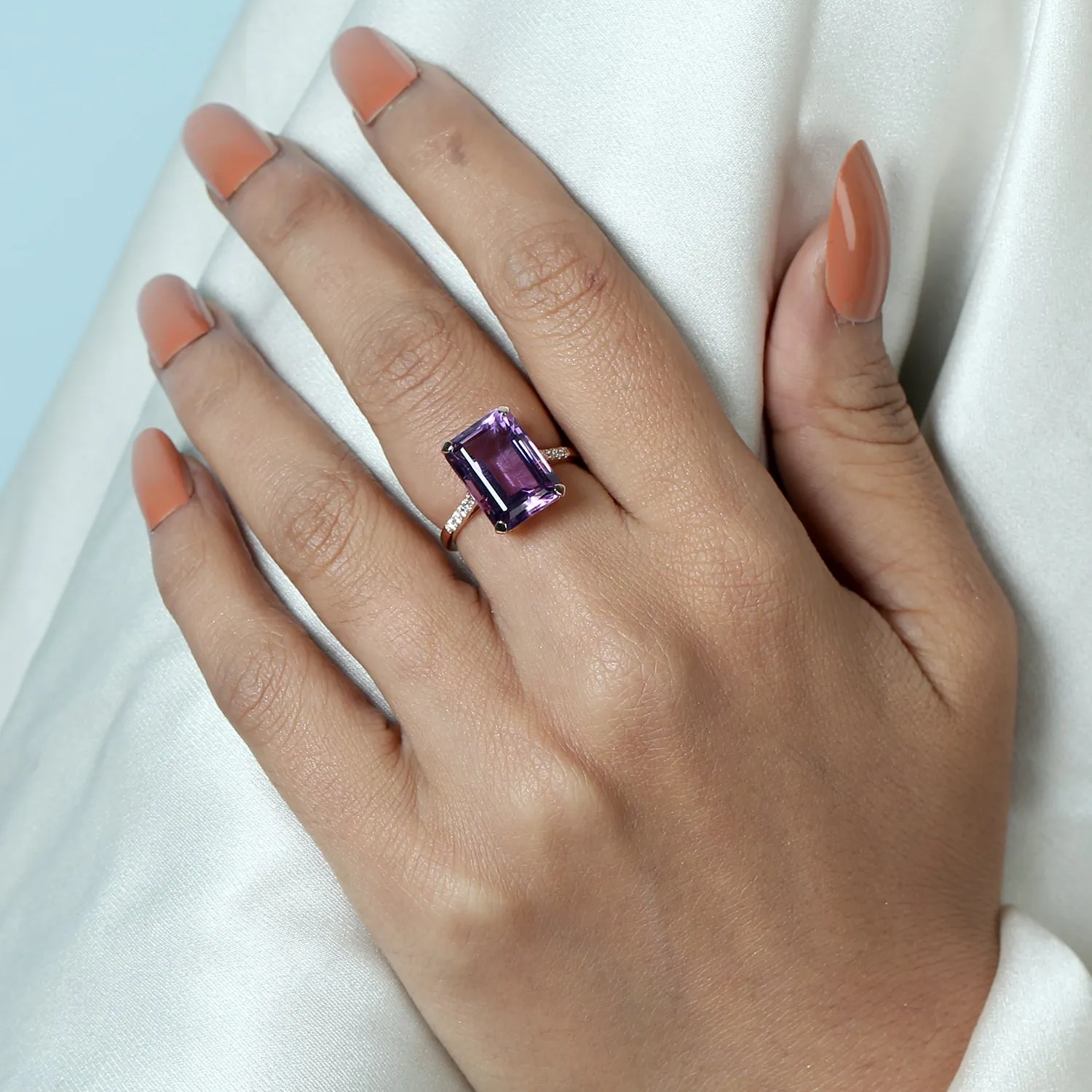 Emerald Cut Amethyst Diamond 18k Rose Gold For Gift