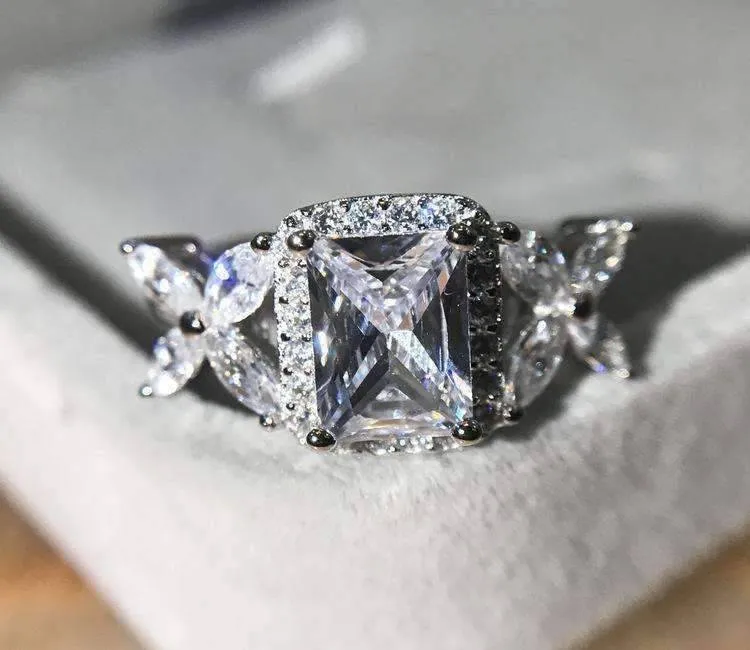 Emerald Cut Butterfly Accented Cubic Zirconia Ring