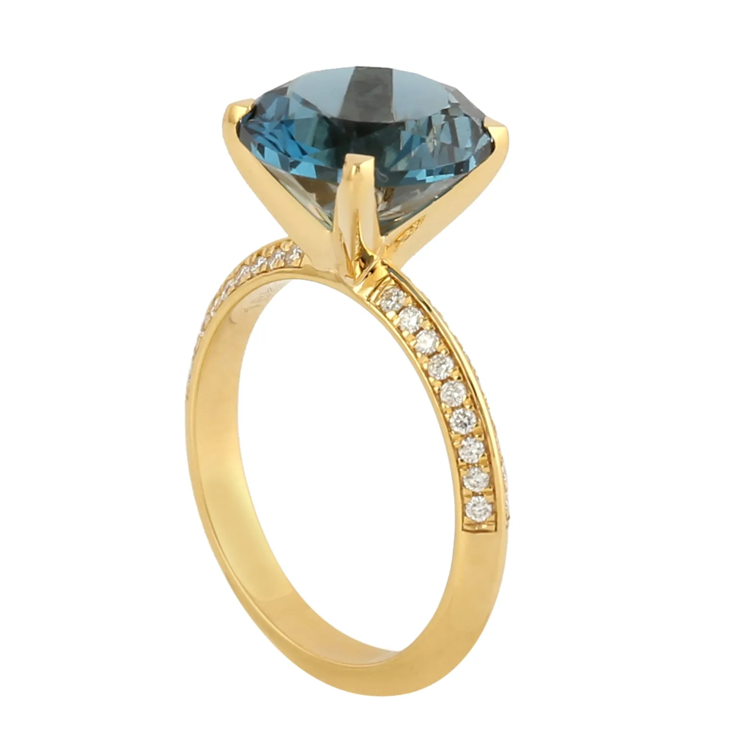 Faceted Blue Topaz Prong Set Diamond Accent 18k Yellow Gold Jewelry Ring For Her