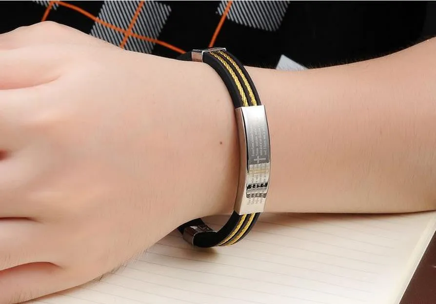 Fashion jewelry Punk Gold Stainless Steel Cross Black Genuine Silicone Men Bracelet male Bangles