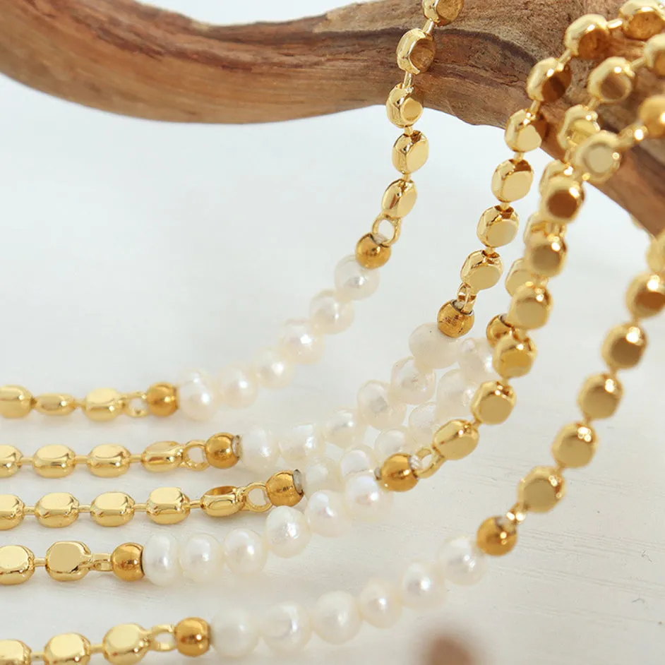 Flat Gold Beads and Freshwater Pearl Bracelet
