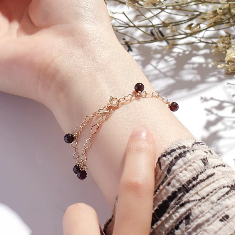 Fortune's Favor Garnet Crystal Bracelet - Elegant Single Circle Women's Gold Plated Bracelet, Sterling Silver Needle, Korean Style Birthday Gift