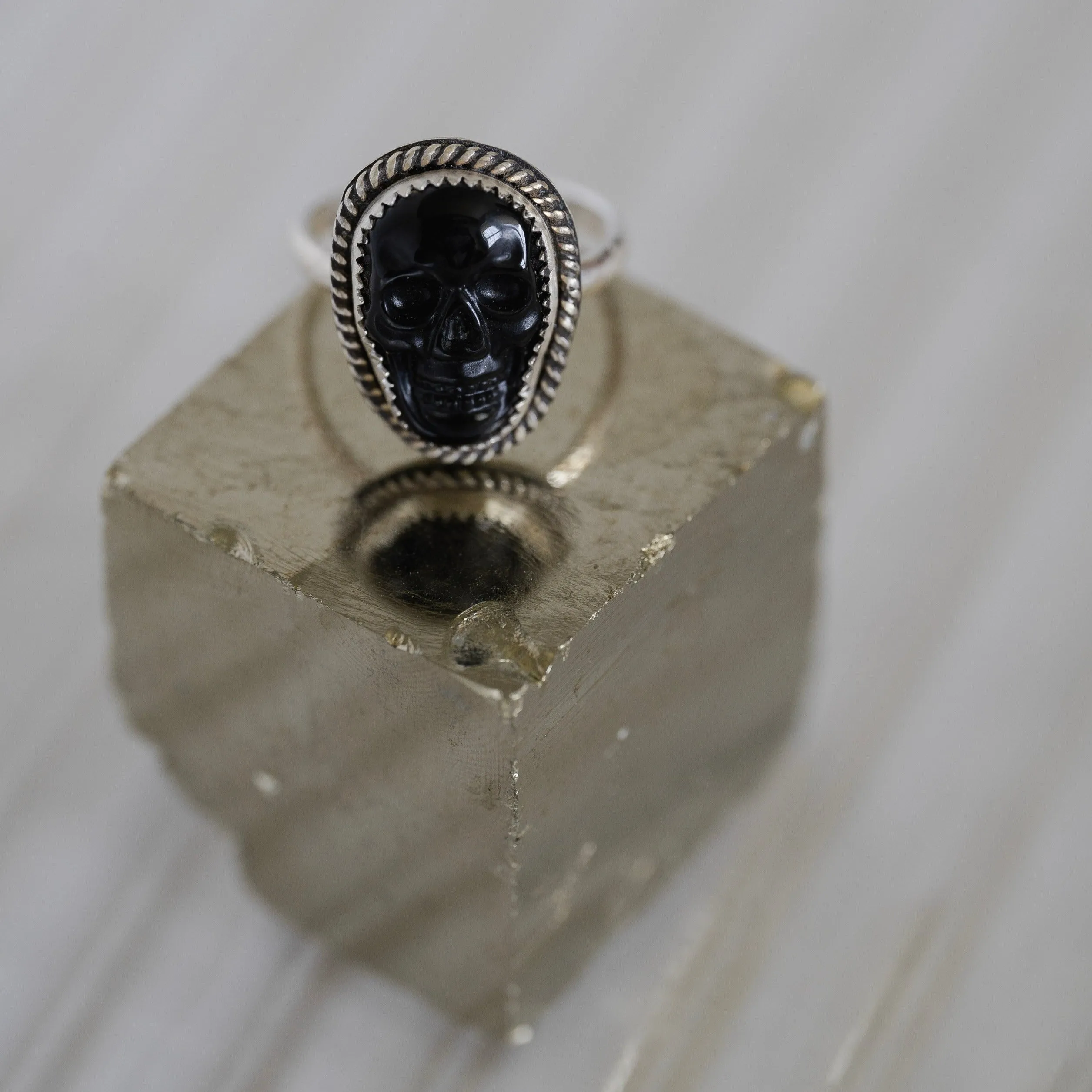Gemstone Skull Ring in Sterling Silver and Black Onyx; Halloween Ring