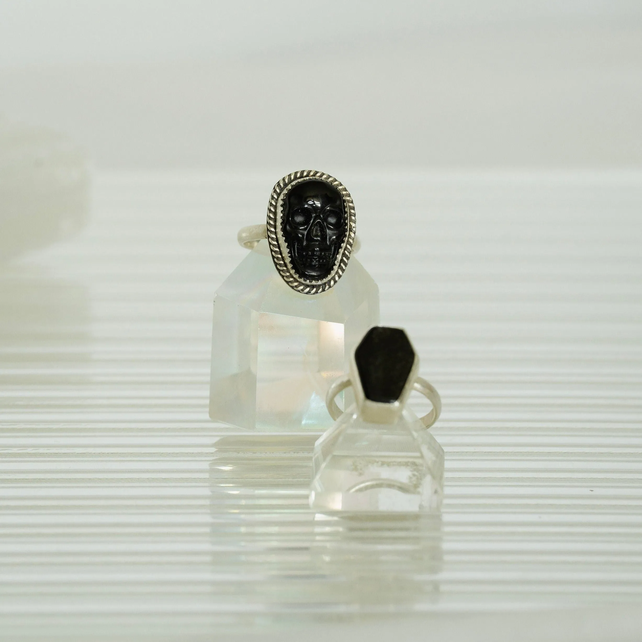 Gemstone Skull Ring in Sterling Silver and Black Onyx; Halloween Ring