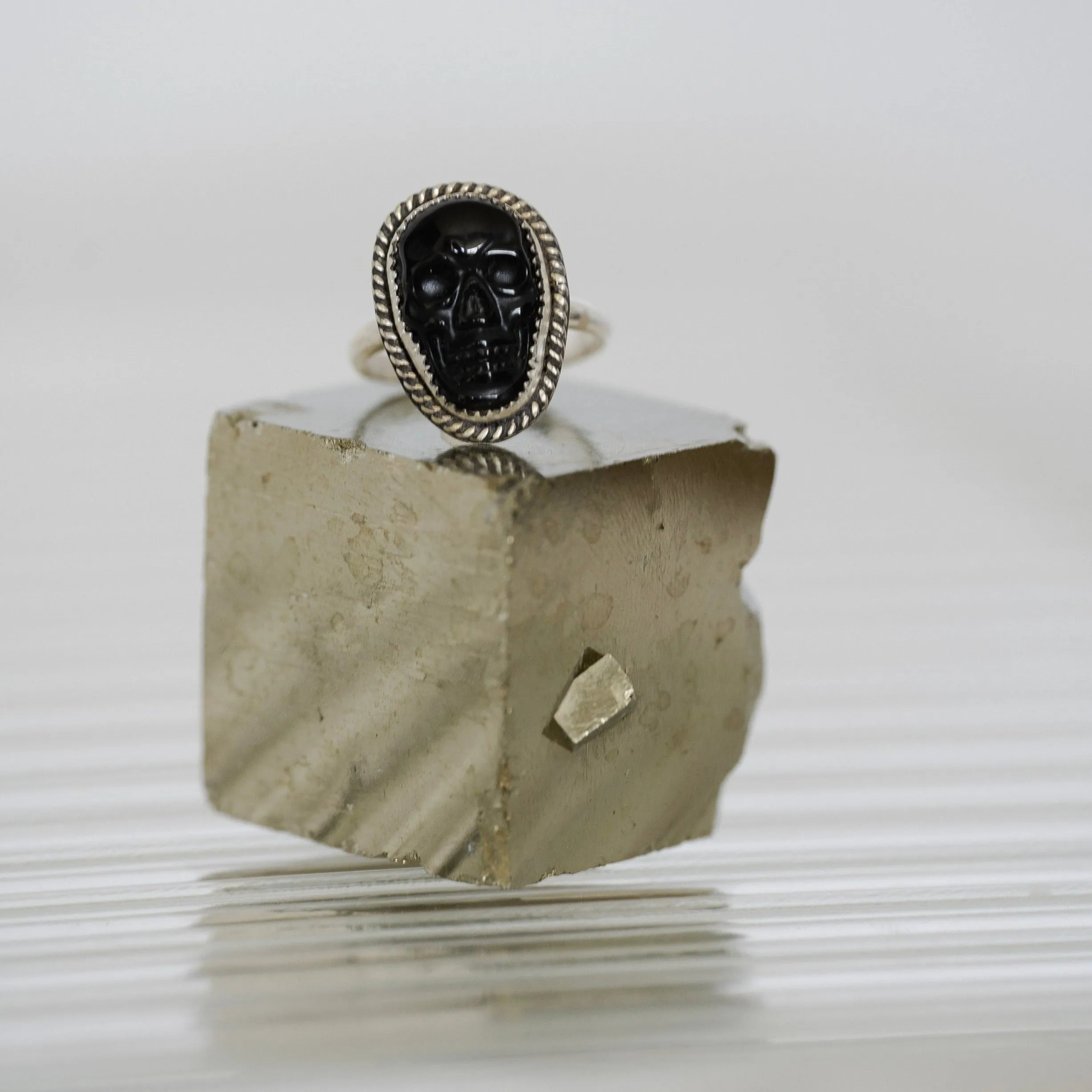 Gemstone Skull Ring in Sterling Silver and Black Onyx; Halloween Ring