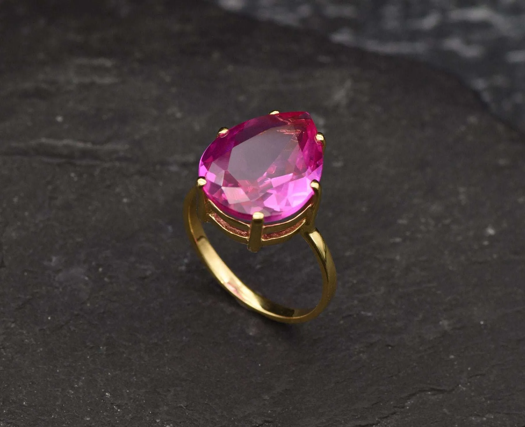 Gold Alexandrite Ring - Pink Teardrop Ring - June Birthstone Ring