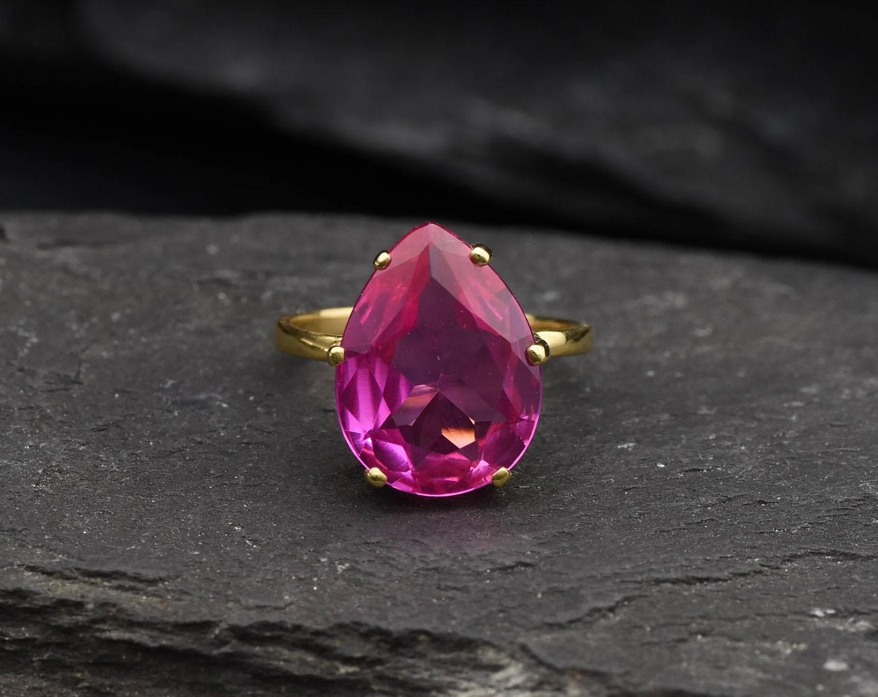 Gold Alexandrite Ring - Pink Teardrop Ring - June Birthstone Ring