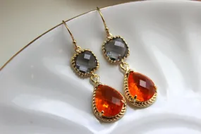 Gold Charcoal Gray Earrings Burnt Orange Amber Earrings Teardrop Glass Two Tier - Bridesmaid Earrings Wedding Earrings Wedding Jewelry