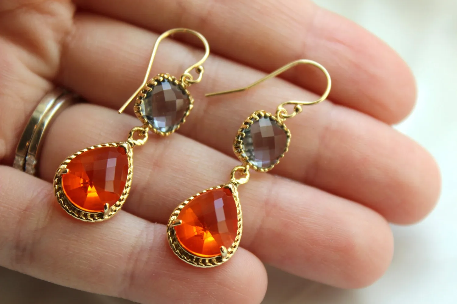 Gold Charcoal Gray Earrings Burnt Orange Amber Earrings Teardrop Glass Two Tier - Bridesmaid Earrings Wedding Earrings Wedding Jewelry