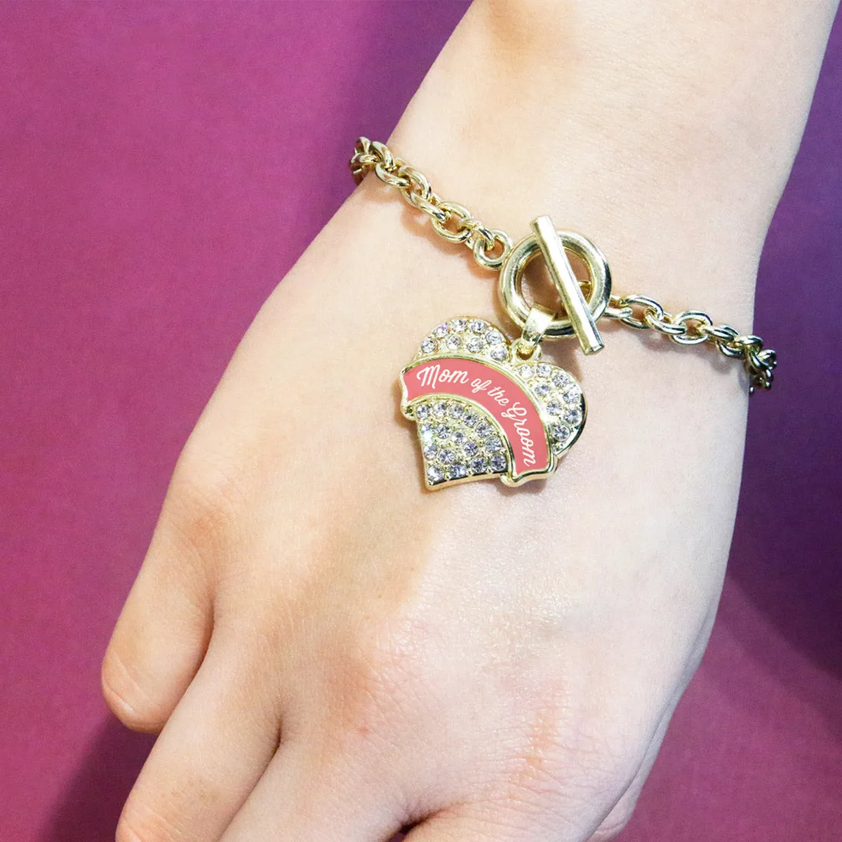 Gold Coral Mom of Groom Pave Heart Charm Toggle Bracelet