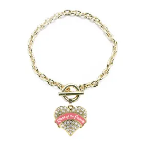 Gold Coral Mom of Groom Pave Heart Charm Toggle Bracelet